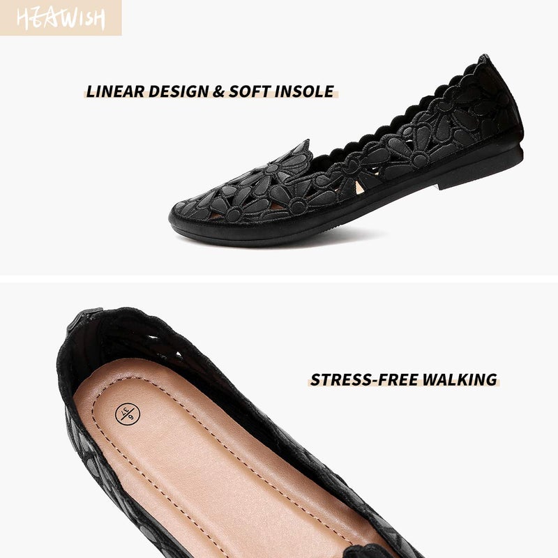 HEAWISH Women's Floral Ballet Flats for Women Black Beige Slip On Flowers PU Leather Round Toe Dress Shoes(Black,US10) - Image 5